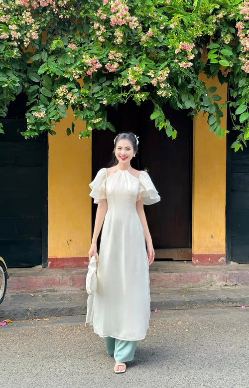 Ao Dai Van Lan / Elegant Midi Dress in Shiny Silk - Short Puff Sleeve w/ Halter Neck for Casual | Wedding Guest Dress Ao Dai