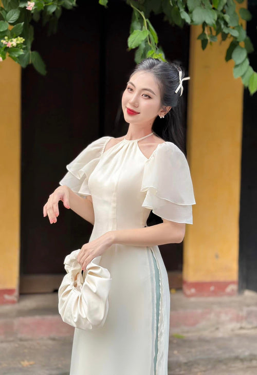Ao Dai Van Lan / Elegant Midi Dress in Shiny Silk - Short Puff Sleeve w/ Halter Neck for Casual | Wedding Guest Dress Ao Dai
