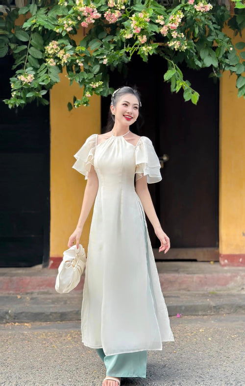 Ao Dai Van Lan / Elegant Midi Dress in Shiny Silk - Short Puff Sleeve w/ Halter Neck for Casual | Wedding Guest Dress Ao Dai