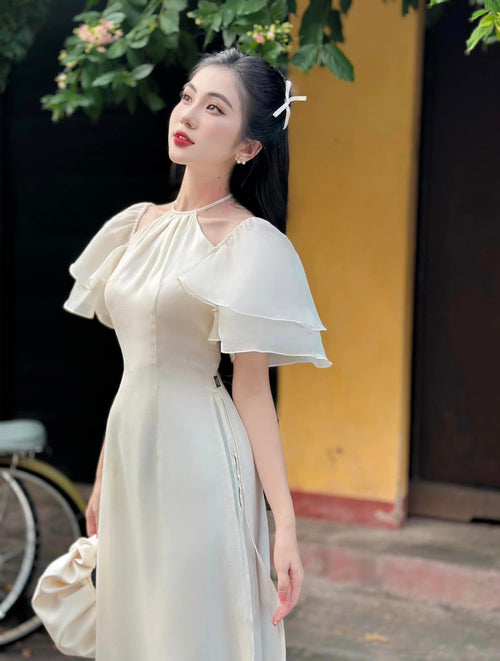 Ao Dai Van Lan / Elegant Midi Dress in Shiny Silk - Short Puff Sleeve w/ Halter Neck for Casual | Wedding Guest Dress Ao Dai