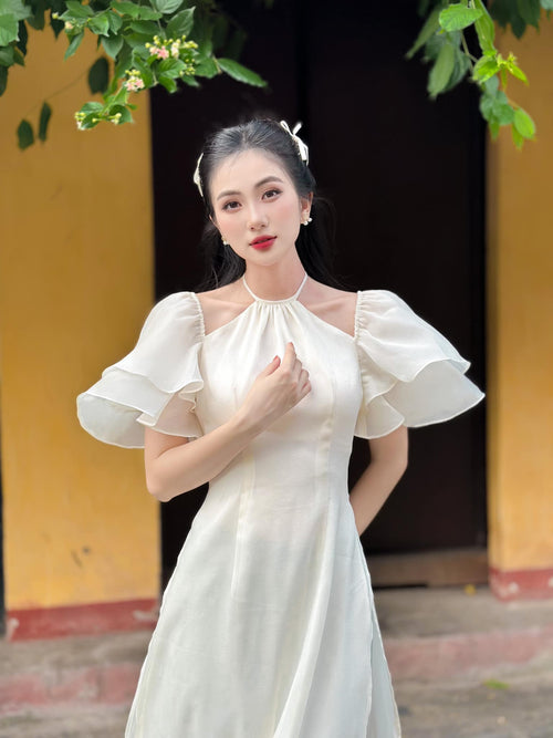 Ao Dai Van Lan / Elegant Midi Dress in Shiny Silk - Short Puff Sleeve w/ Halter Neck for Casual | Wedding Guest Dress Ao Dai
