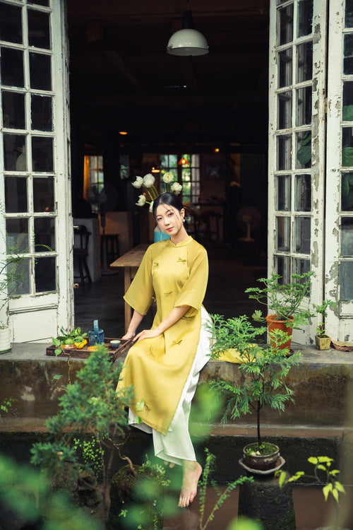 Ao Dai Nguyet Cat / Elegant Midi Dress in Shiny Silk - 3/4 sleeve style for Casual | Wedding Guest Dress Ao Dai