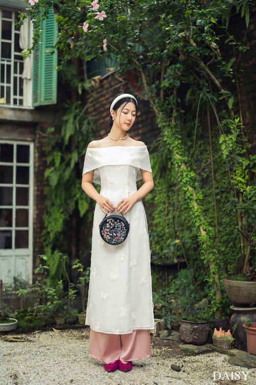 Ao Dai To Linh / Elegant Midi Dress in Shiny Silk - White Off-the-shoulder for Casual | Wedding Guest Dress Ao Dai