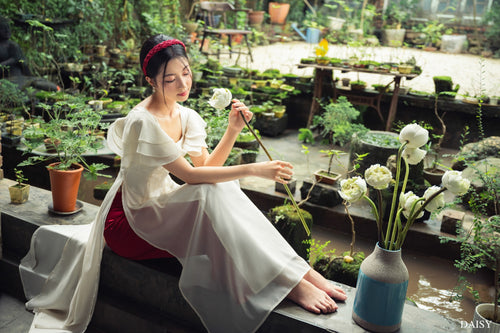Ao Dai Ho Diep / Elegant Midi Dress in Shiny Silk - Short Sleeve Style w/ Square Neck for Casual | Wedding Guest Dress Ao Dai