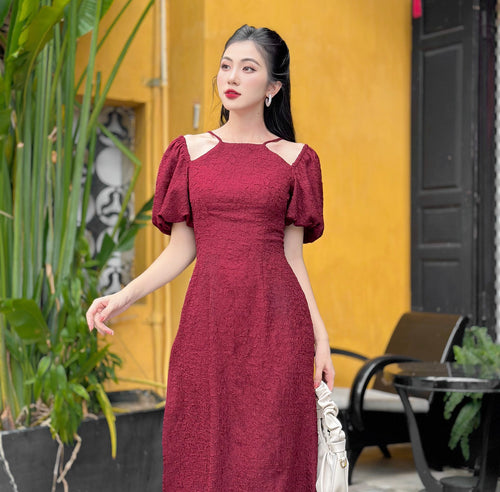 Ao Dai Hi Van / Elegant Midi Dress in Shiny Silk - Solid Red Burgundy for Casual | Wedding Guest Dress Ao Dai