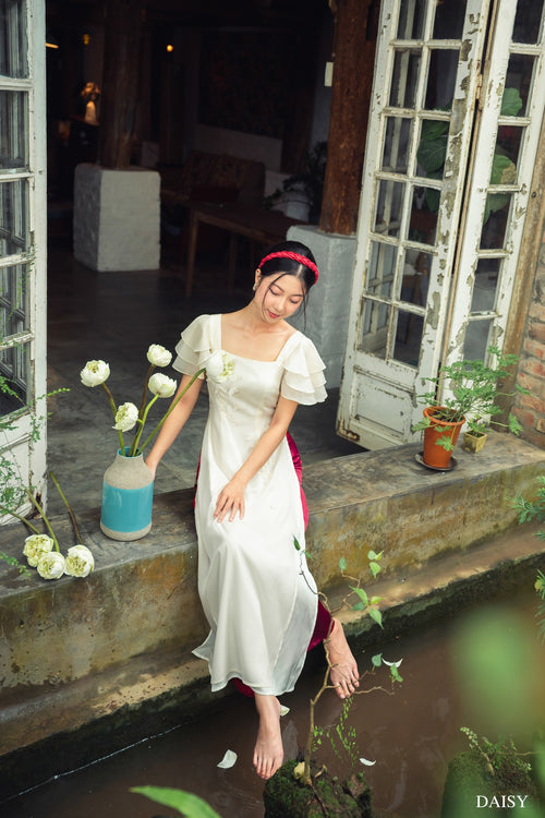 Ao Dai Ho Diep / Elegant Midi Dress in Shiny Silk - Short Sleeve Style w/ Square Neck for Casual | Wedding Guest Dress Ao Dai
