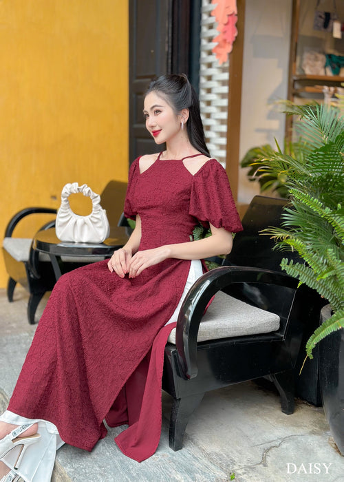 Ao Dai Hi Van / Elegant Midi Dress in Shiny Silk - Solid Red Burgundy for Casual | Wedding Guest Dress Ao Dai