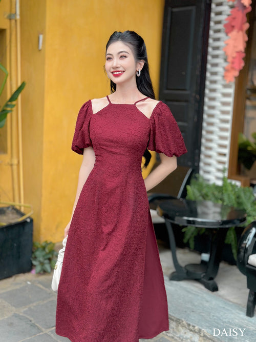 Ao Dai Hi Van / Elegant Midi Dress in Shiny Silk - Solid Red Burgundy for Casual | Wedding Guest Dress Ao Dai