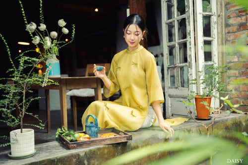 Ao Dai Nguyet Cat / Elegant Midi Dress in Shiny Silk - 3/4 sleeve style for Casual | Wedding Guest Dress Ao Dai