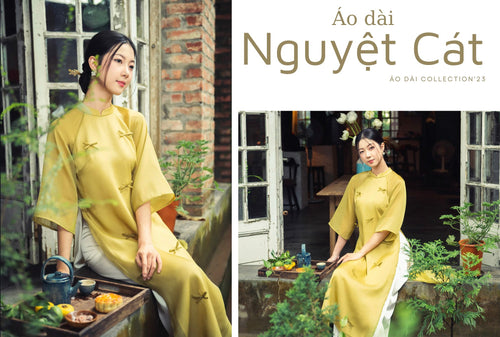 Ao Dai Nguyet Cat / Elegant Midi Dress in Shiny Silk - 3/4 sleeve style for Casual | Wedding Guest Dress Ao Dai
