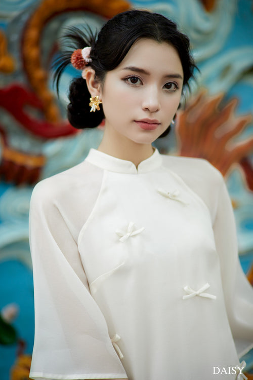 Ao Dai Nguyet Cat / Elegant Midi Dress in Shiny Silk - 3/4 sleeve style for Casual | Wedding Guest Dress Ao Dai