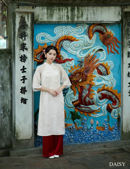Ao Dai Nguyet Cat / Elegant Midi Dress in Shiny Silk - 3/4 sleeve style for Casual | Wedding Guest Dress Ao Dai