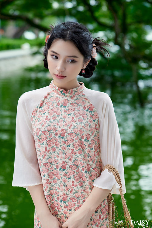 Ao Dai Hong Dao / Elegant Midi Dress in Shiny Silk - 3/4 Sleeve Floral Dress Blouson for Casual | Wedding Guest Dress Ao Dai