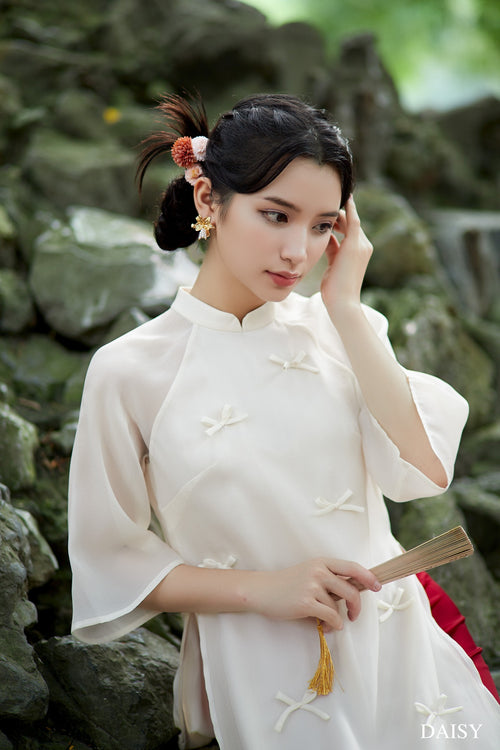 Ao Dai Nguyet Cat / Elegant Midi Dress in Shiny Silk - 3/4 sleeve style for Casual | Wedding Guest Dress Ao Dai