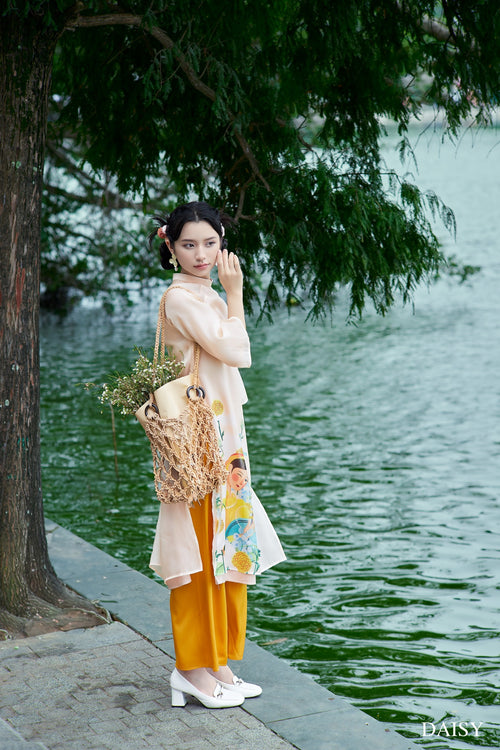 Ao Dai Da Yen / Elegant Midi Dress in Shiny Silk - 3/4 Sleeve w/ Crew Neck Tunic Style for Casual | Wedding Guest Dress Ao Dai