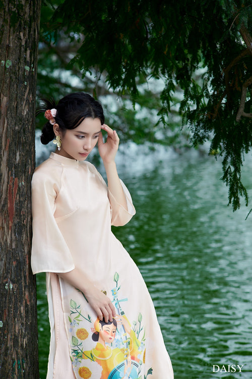 Ao Dai Da Yen / Elegant Midi Dress in Shiny Silk - 3/4 Sleeve w/ Crew Neck Tunic Style for Casual | Wedding Guest Dress Ao Dai