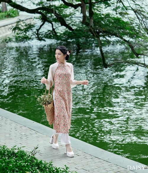 Ao Dai Hong Dao / Elegant Midi Dress in Shiny Silk - 3/4 Sleeve Floral Dress Blouson for Casual | Wedding Guest Dress Ao Dai