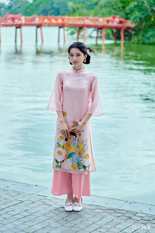 Ao Dai Da Yen / Elegant Midi Dress in Shiny Silk - 3/4 Sleeve w/ Crew Neck Tunic Style for Casual | Wedding Guest Dress Ao Dai