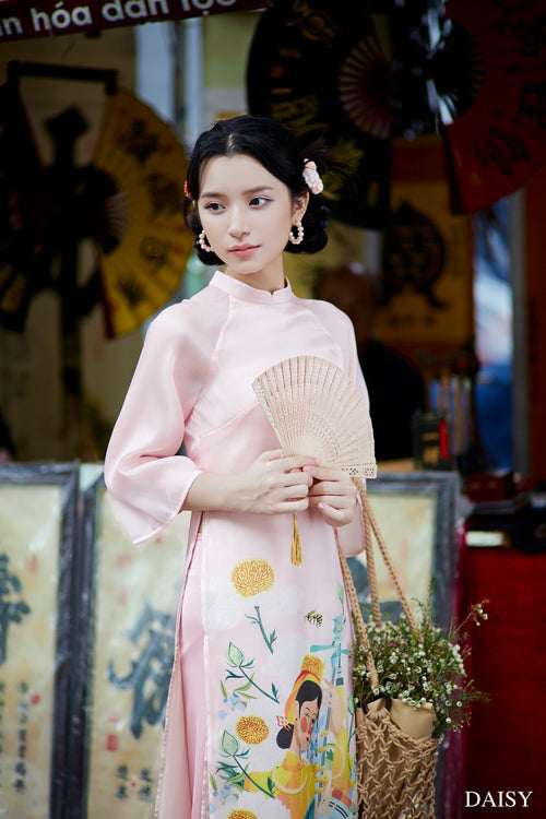 Ao Dai Da Yen / Elegant Midi Dress in Shiny Silk - 3/4 Sleeve w/ Crew Neck Tunic Style for Casual | Wedding Guest Dress Ao Dai