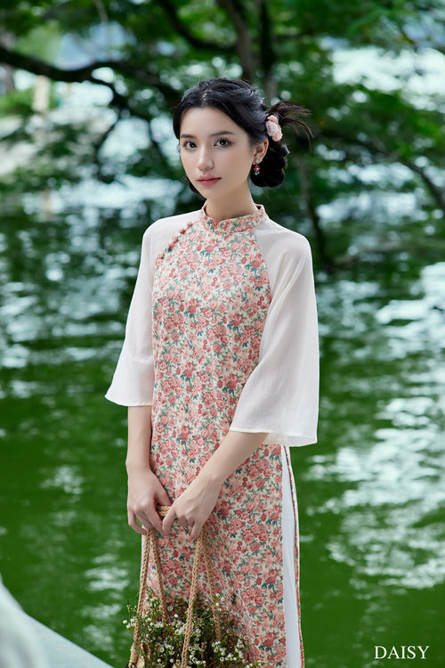 Ao Dai Hong Dao / Elegant Midi Dress in Shiny Silk - 3/4 Sleeve Floral Dress Blouson for Casual | Wedding Guest Dress Ao Dai
