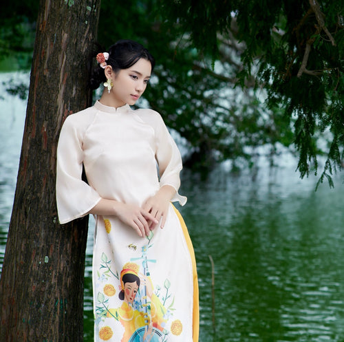 Ao Dai Da Yen / Elegant Midi Dress in Shiny Silk - 3/4 Sleeve w/ Crew Neck Tunic Style for Casual | Wedding Guest Dress Ao Dai