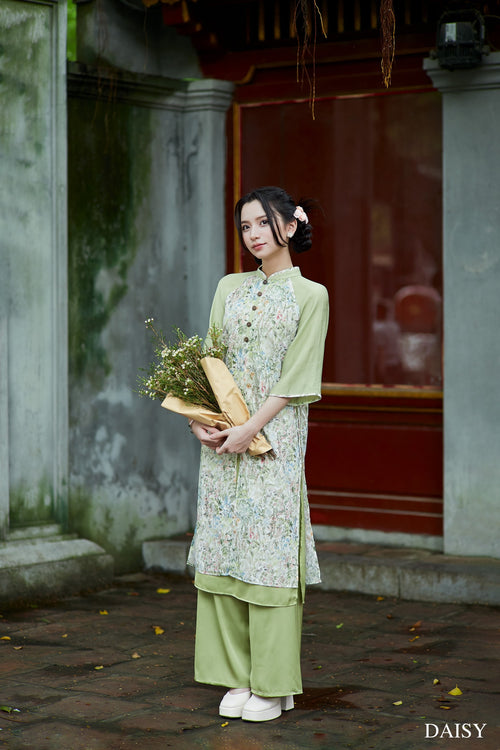 Ao Dai Thach Anh / Elegant Midi Dress in Shiny Silk - 3/4 Sleeve Floral Dress Blouson for Casual | Wedding Guest Dress Ao Dai
