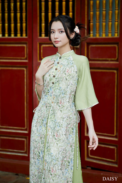 Ao Dai Thach Anh / Elegant Midi Dress in Shiny Silk - 3/4 Sleeve Floral Dress Blouson for Casual | Wedding Guest Dress Ao Dai