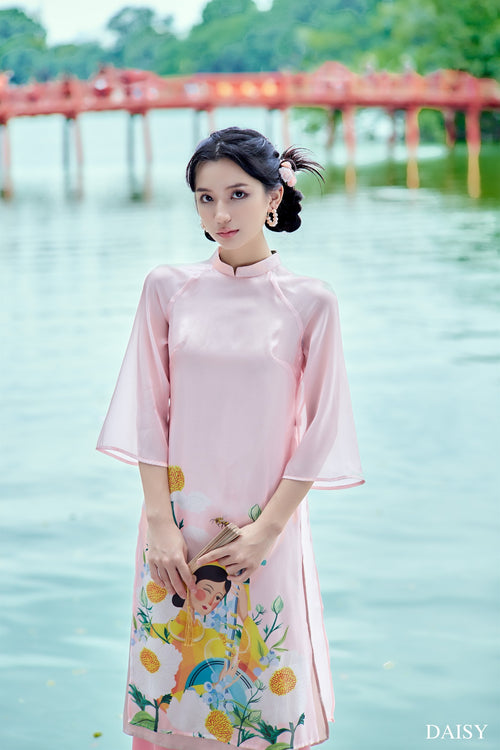 Ao Dai Da Yen / Elegant Midi Dress in Shiny Silk - 3/4 Sleeve w/ Crew Neck Tunic Style for Casual | Wedding Guest Dress Ao Dai