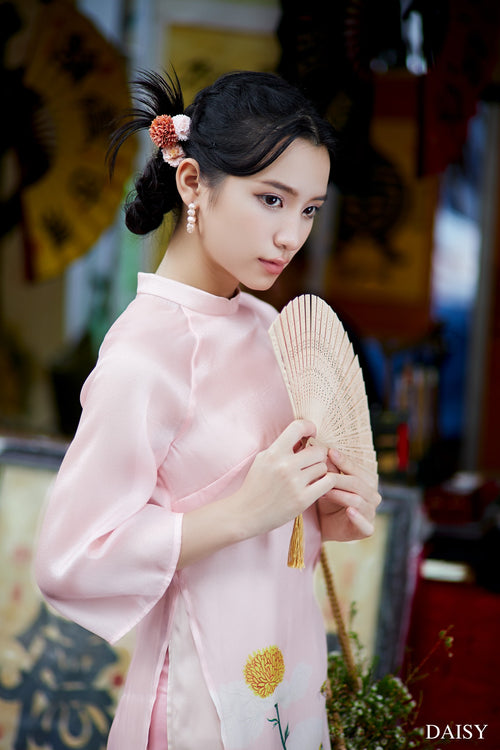 Ao Dai Da Yen / Elegant Midi Dress in Shiny Silk - 3/4 Sleeve w/ Crew Neck Tunic Style for Casual | Wedding Guest Dress Ao Dai
