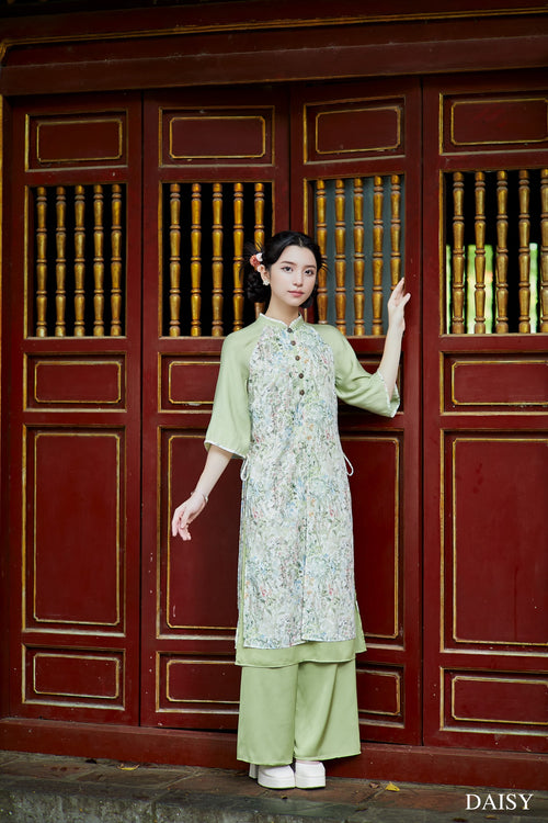 Ao Dai Thach Anh / Elegant Midi Dress in Shiny Silk - 3/4 Sleeve Floral Dress Blouson for Casual | Wedding Guest Dress Ao Dai