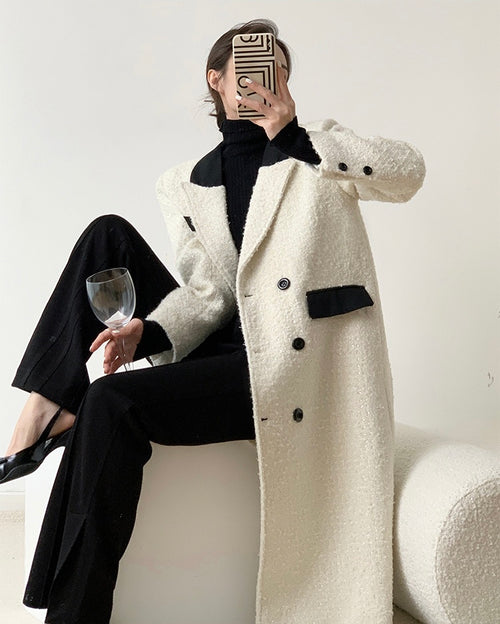 Elegant Tweed Trench Coat Jacket - Outerwear Outfit White&Black
