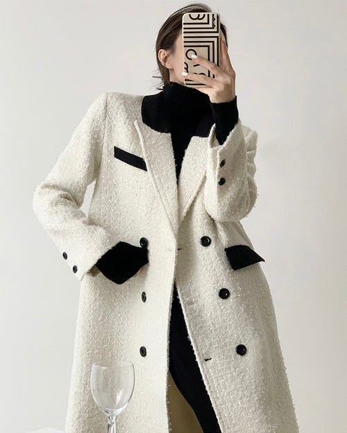 Elegant Tweed Trench Coat Jacket - Outerwear Outfit White&Black