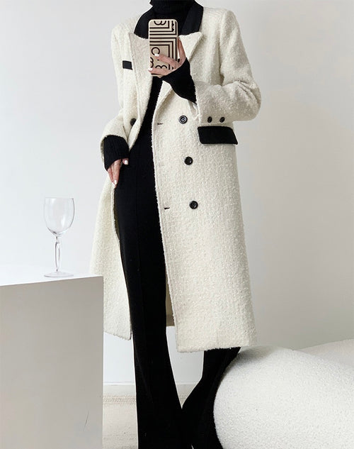 Elegant Tweed Trench Coat Jacket - Outerwear Outfit White&Black