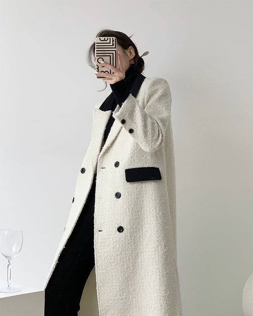 Elegant Tweed Trench Coat Jacket - Outerwear Outfit White&Black