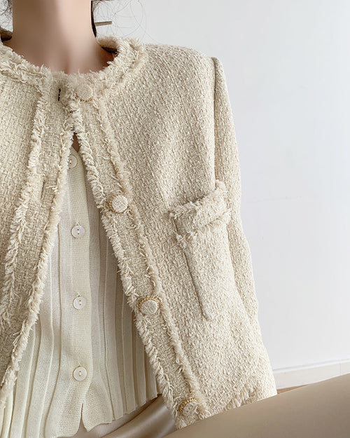 Elegant Boucle Tweed Blazer Jacket by Daisy Clothing - Trendy Vintage Style Outfit