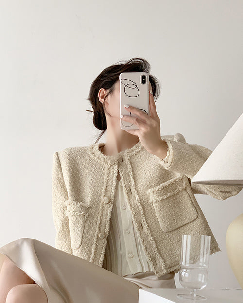 Elegant Boucle Tweed Blazer Jacket by Daisy Clothing - Trendy Vintage Style Outfit