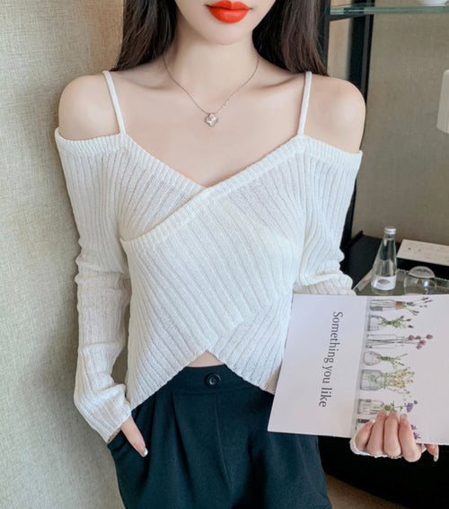 Elegant Women Long Sleeves Top - Front Cami Cross Halter Neck Knitted Off The Shoulder Ribbed Solid Tops | Elegant Basic Fashion Piece