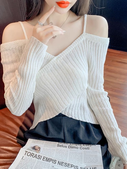 Elegant Women Long Sleeves Top - Front Cami Cross Halter Neck Knitted Off The Shoulder Ribbed Solid Tops | Elegant Basic Fashion Piece