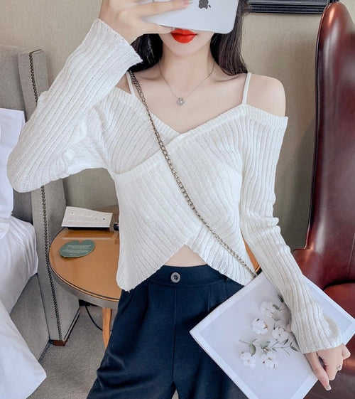 Elegant Women Long Sleeves Top - Front Cami Cross Halter Neck Knitted Off The Shoulder Ribbed Solid Tops | Elegant Basic Fashion Piece