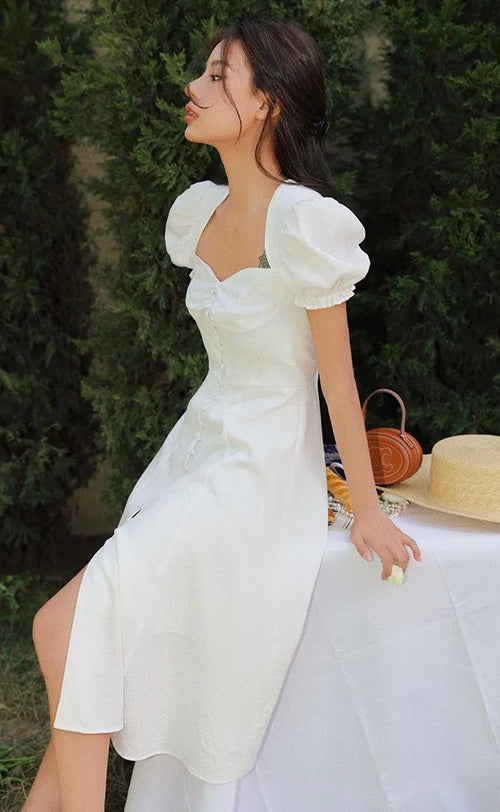 Women Smocked Puff Short Sleeves A-line Midi Dress - Square Neck Cut Out Cotton Midi Dress w/ buttons For Wedding & Casual