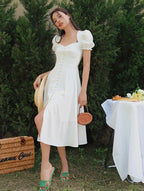 Women Smocked Puff Short Sleeves A-line Midi Dress - Square Neck Cut Out Cotton Midi Dress w/ buttons For Wedding & Casual