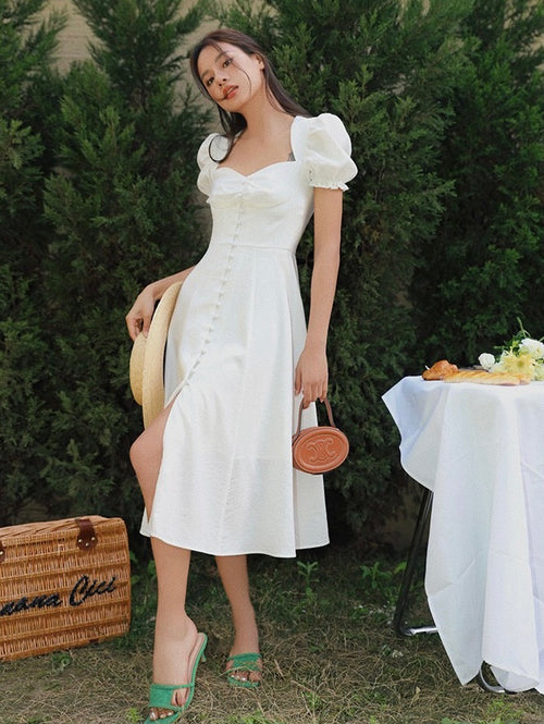 Women Smocked Puff Short Sleeves A-line Midi Dress - Square Neck Cut Out Cotton Midi Dress w/ buttons For Wedding & Casual