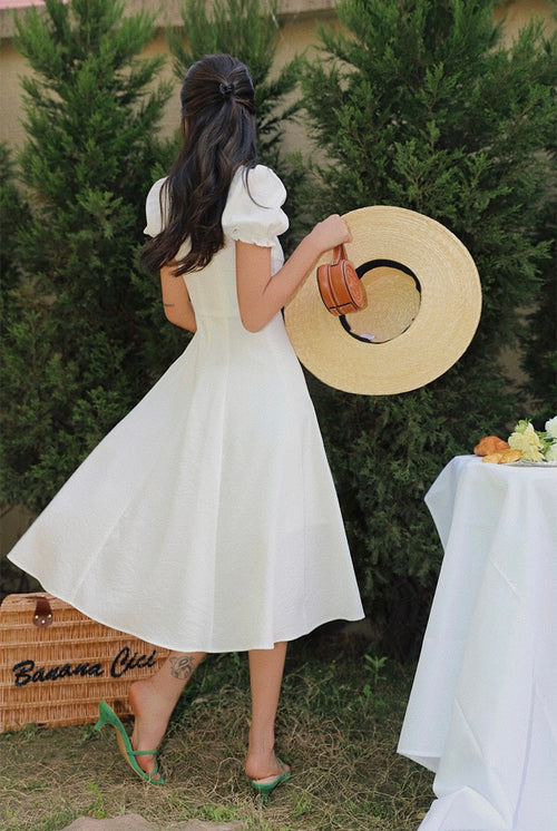 Women Smocked Puff Short Sleeves A-line Midi Dress - Square Neck Cut Out Cotton Midi Dress w/ buttons For Wedding & Casual