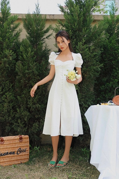Women Smocked Puff Short Sleeves A-line Midi Dress - Square Neck Cut Out Cotton Midi Dress w/ buttons For Wedding & Casual