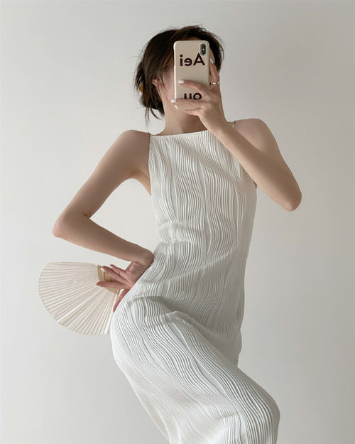 Women Sleeveless Halter A-line Midi Dress