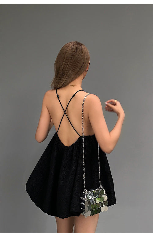 Babydoll Chic Women Sleeveless Dress - Sexy Style Cotton Mini Dress w/ Halter Neck | Elegant Basic Fashion Piece