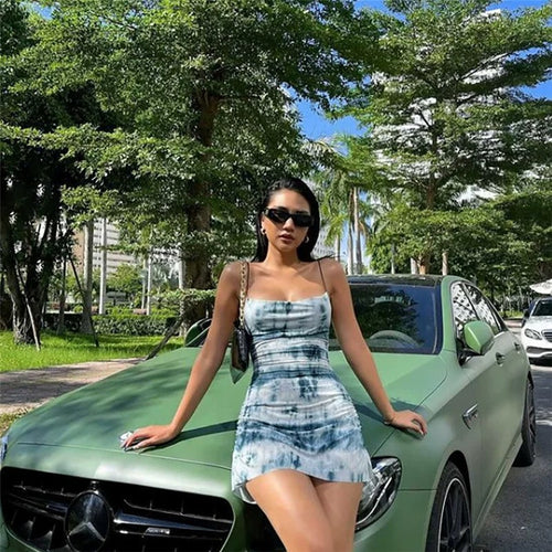 Chic Women Sleeveless Tie Dye Dress - Sexy Stretchy Bodycon Style Cotton Slip Mini Dress w/ Halter Neck| Elegant Basic Fashion Piece