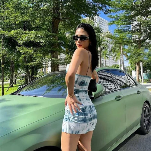 Chic Women Sleeveless Tie Dye Dress - Sexy Stretchy Bodycon Style Cotton Slip Mini Dress w/ Halter Neck| Elegant Basic Fashion Piece