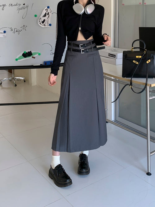 Grey Women Midi Skirt by Daisy Clothing with Double Belts | Classic Basic Fashion Piece