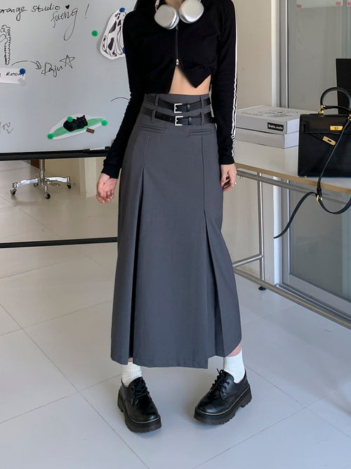 Grey Women Midi Skirt by Daisy Clothing with Double Belts | Classic Basic Fashion Piece